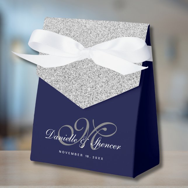Caja Para Regalos Agradecimiento de boda elegante azul plateado con  (Blue and Silver Favor Box)