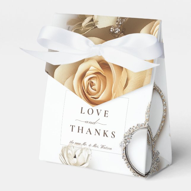 Caja Para Regalos Anillos de rosa dorado y boda (Front Side)