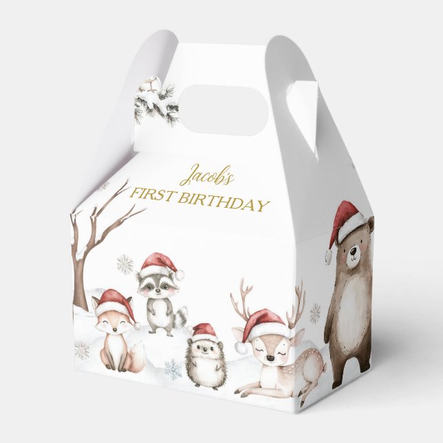 Caja Para Regalos Animales de Winter Woodland First Birthday Gracias (Front Side)