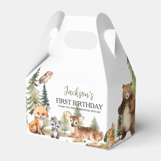 Caja Para Regalos Animales de Woodland First Birthday Gracias (Front Side)