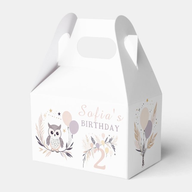 Caja Para Regalos Aniversario del Pastel Boho Owl y los Globos (Front Side)