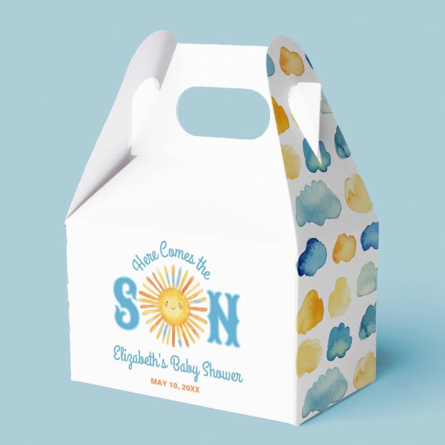 Caja Para Regalos Aquí viene el Baby Shower del niño (A cute Here Comes the Son, treat box party favor for your baby shower.)