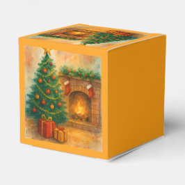 Caja Para Regalos Árbol de Navidad en acuarela y chimenea acogedora 