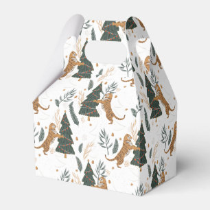 Caja Para Regalos Árboles de Navidad y tigres patrón fondo blanco