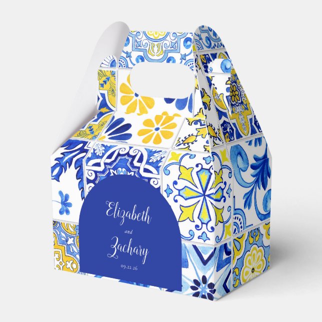 Caja Para Regalos Arco Rústico Azul Amarillo Boda de Baldosas Blanca (Front Side)