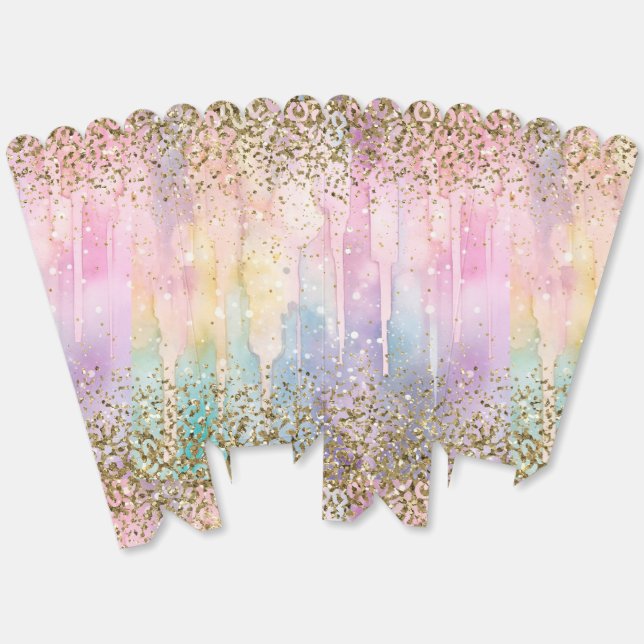 Caja Para Regalos Arcoíris Moderno Acuarela Chic Brillo Dorado (Desplegado)