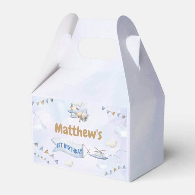 Caja Para Regalos Avión azul retro lindo primer cumpleaños (Front Side)