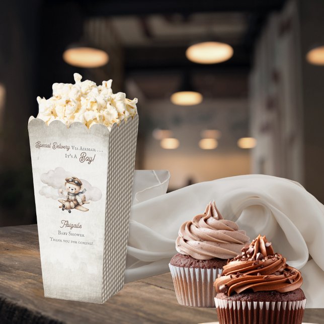 Caja Para Regalos Avión Teddy Bear entrega especial Baby Shower ("Special Delivery Via Airmail . . . It's A Boy!" Teddy Bear | Airplane Baby Shower Popcorn Favor Box)