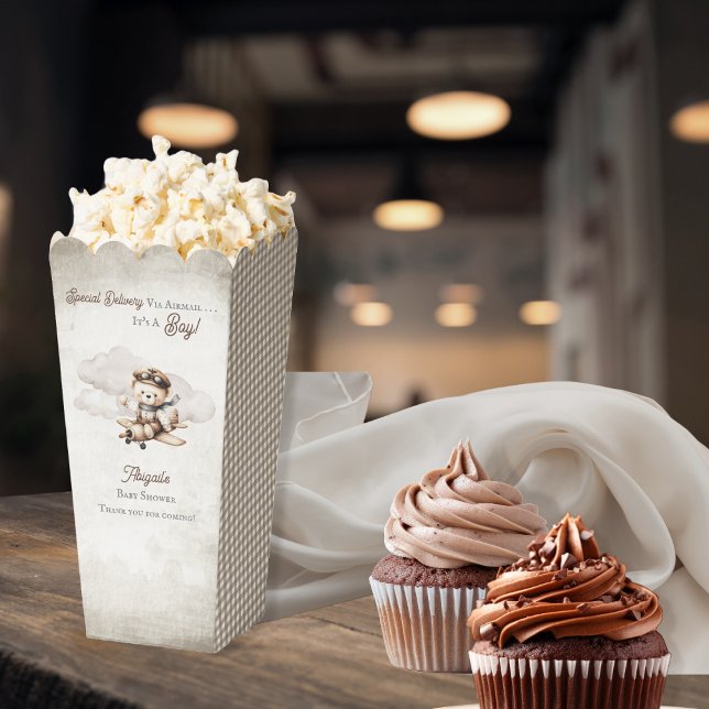 Caja Para Regalos Avión Teddy Bear entrega especial Baby Shower ("Special Delivery Via Airmail . . . It's A Boy!" Teddy Bear | Airplane Baby Shower Popcorn Favor Box)