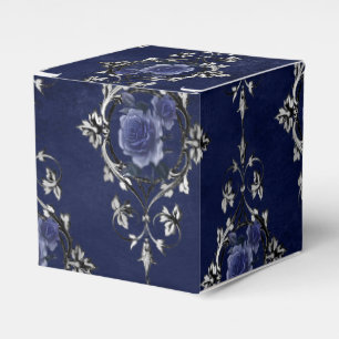 Caja Para Regalos Azul Marino y Floral Victoriano Damask Plateado