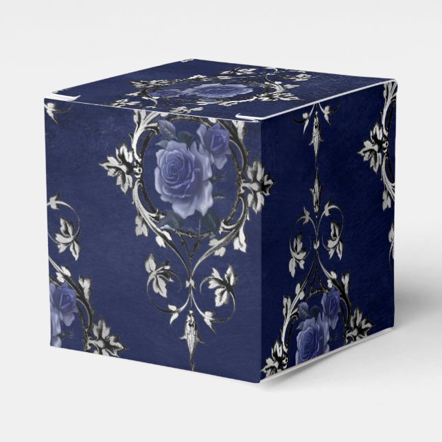 Caja Para Regalos Azul Marino y Floral Victoriano Damask Plateado (Costado Anverso)