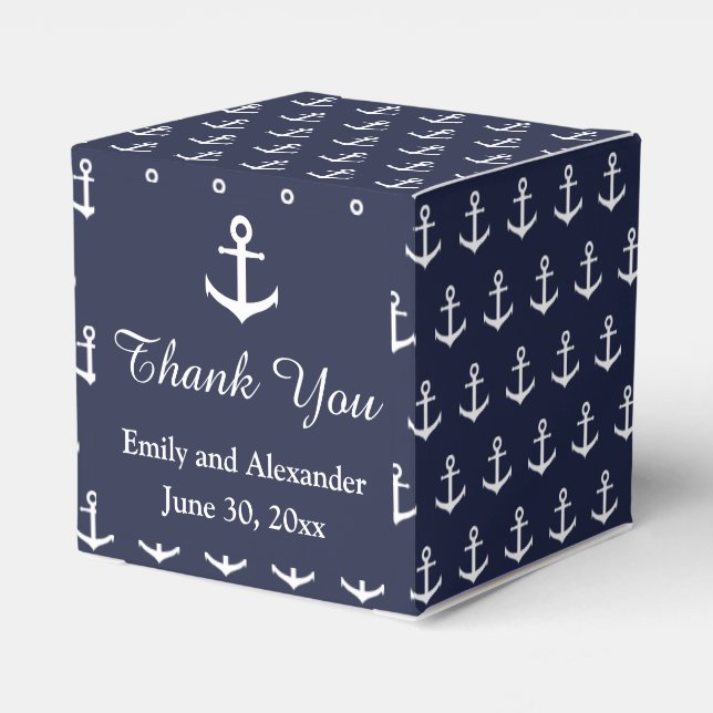 Caja Para Regalos Azul Náutico de medianoche con anclas blancas (Reverso Costado)