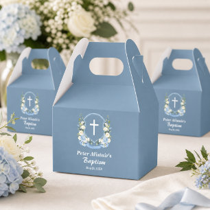 Caja Para Regalos Azul Polvoriento Cruz Blanca Cresta Floral Bautizo