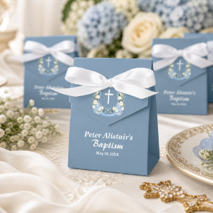 Caja Para Regalos Azul Polvoriento Cruz Blanca Floral Cresta Bautizo
