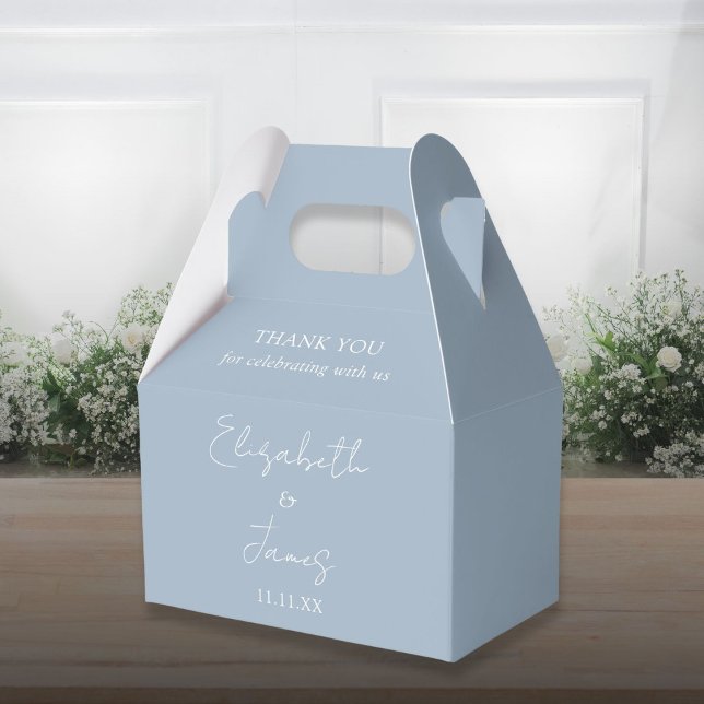 Caja Para Regalos Azul Polvoriento Elegante Escritura Boda Agradecim (Dusty Blue Elegant Script Wedding Thank You Favor Boxes)