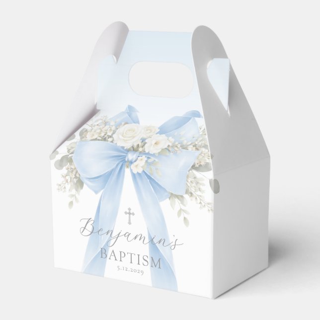 Caja Para Regalos Baby Boy Baptism Eucalyptus Blue Bow (Front Side)