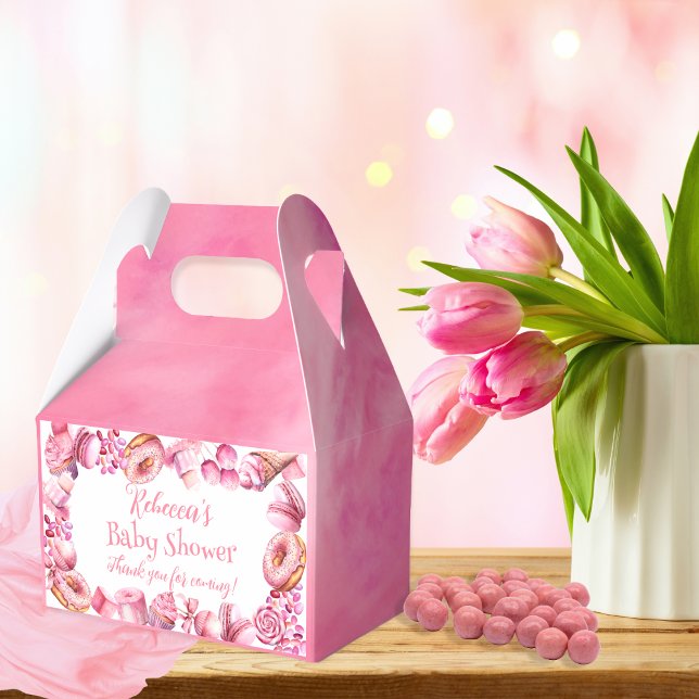 Caja Para Regalos Baby Shower Chica de marco de caramelo rosa (Pink Candy and Treats Frame Girl Baby Shower Favor Box)