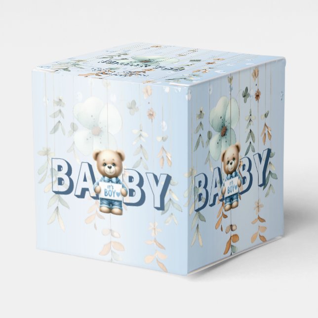 Caja Para Regalos Baby Shower Cute Teddy Bear Floral Azul Bella (Costado Anverso)