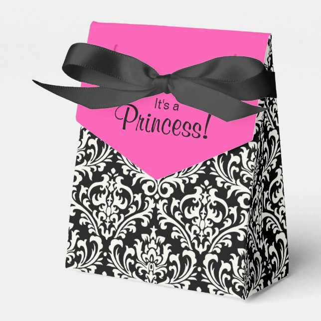 Caja Para Regalos Baby Shower de Damask rosa y Negro (Front Side)