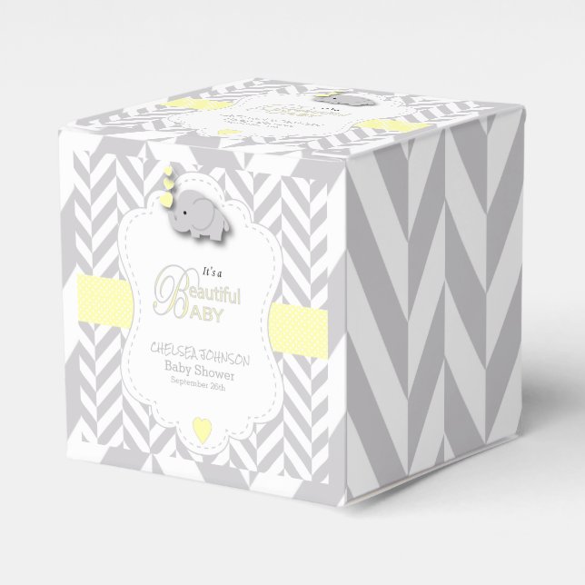 Caja Para Regalos Baby Shower de elefante gris blanco amarillo (Costado Anverso)