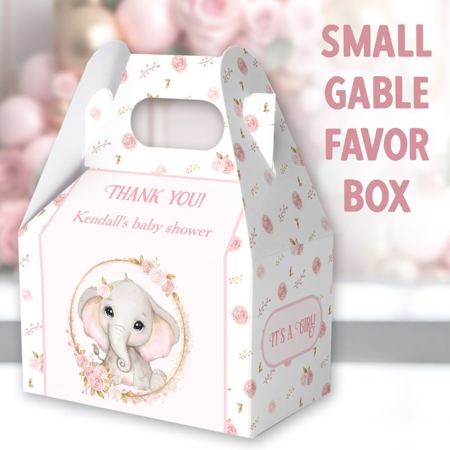 Caja Para Regalos Baby Shower de flores rosadas de elefante lindo (Cute Elephant Small Gable Favor Boxes - You can choose from 3 sizes of these gable favor boxes)