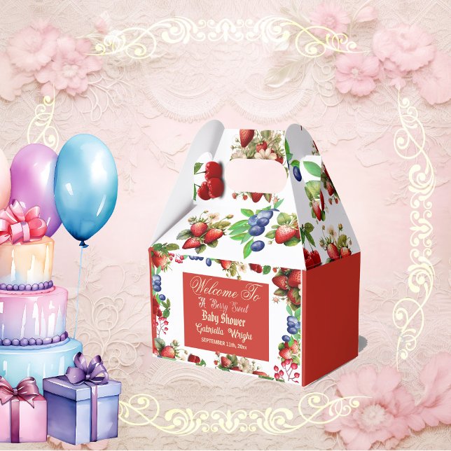 Caja Para Regalos Baby Shower de fresa roja | Blue Berry Sweet Cute (Red Strawberry Baby Shower Blue Berry Sweet Cute Favor Boxes)