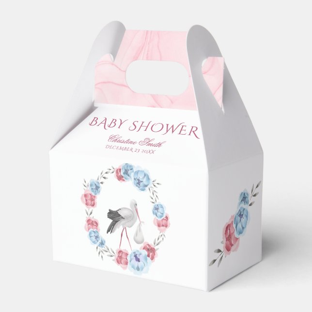 Caja Para Regalos Baby Shower de invierno Blue Pink Floral Stork (Front Side)