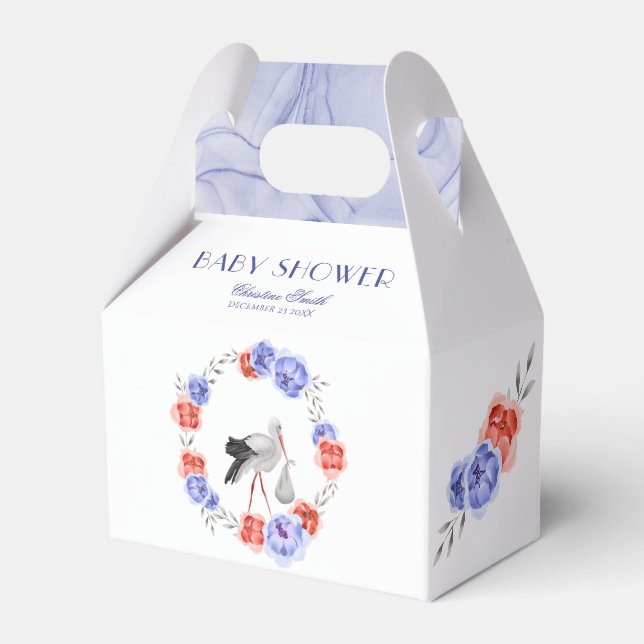 Caja Para Regalos Baby Shower de invierno Blue Red Floral Stork (Front Side)