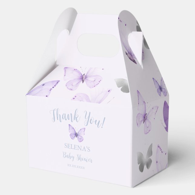 Caja Para Regalos Baby Shower de mariposa morada gracias (Anverso)