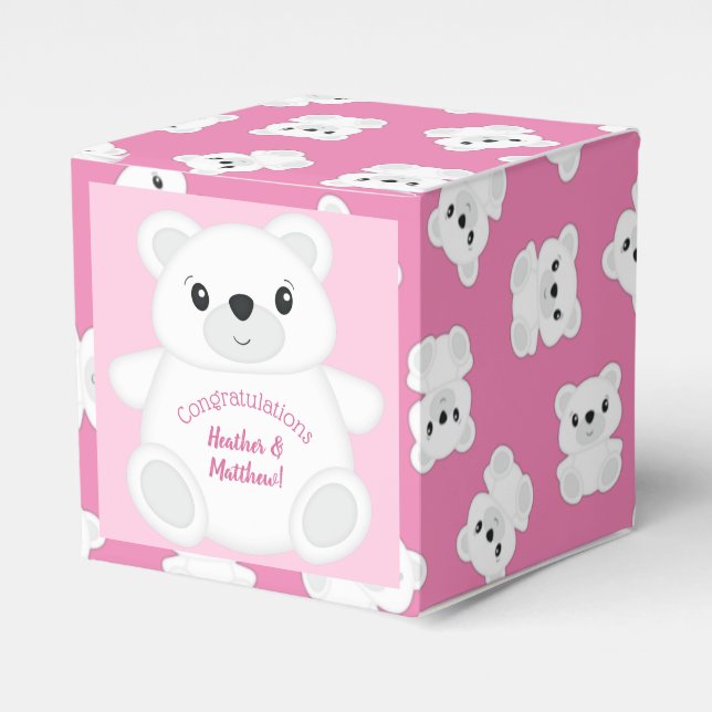 Caja Para Regalos Baby Shower de oso polar rosa (Costado Anverso)