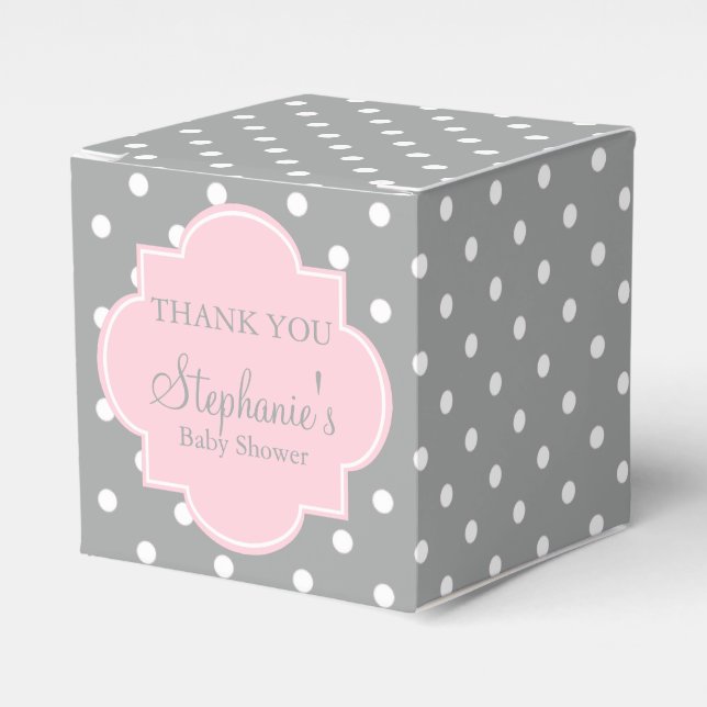 Caja Para Regalos Baby Shower de Punto Polka Rosa Gris, Blanco y Pas (Costado Anverso)
