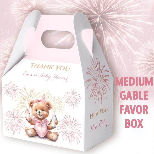 Caja Para Regalos Baby Shower Media Gable de Año Nuevo Chica Rosa (New Year Pink Bear Medium Gable Favor Box -  You can choose from 3 sizes of these gable favor boxes)