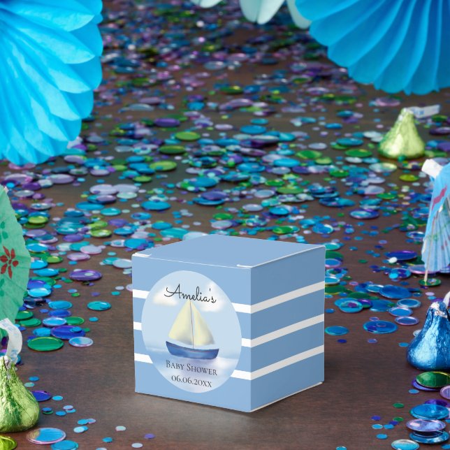 Caja Para Regalos Baby Shower personalizado de barco de vela azul (Fiesta)