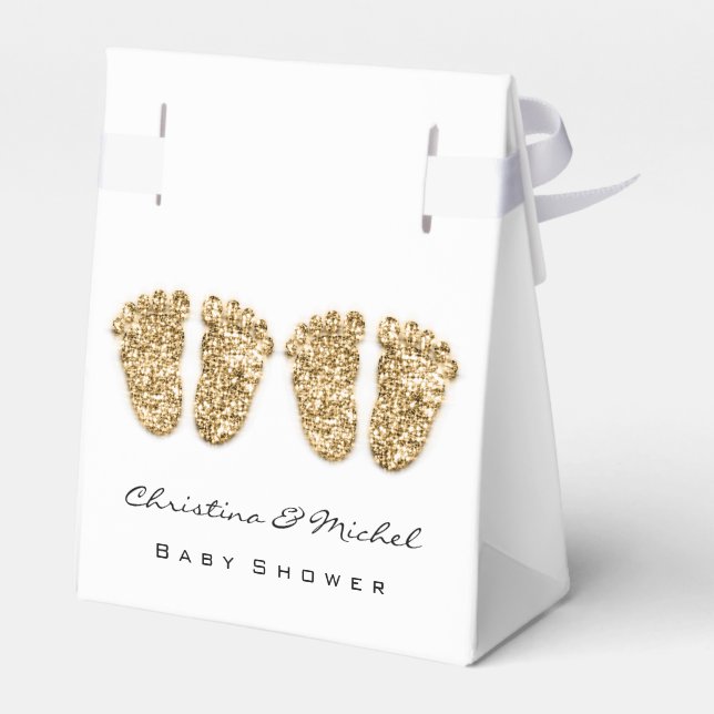 Caja Para Regalos Baby Shower Twins Feet Purpurina Gold White (Reverso)