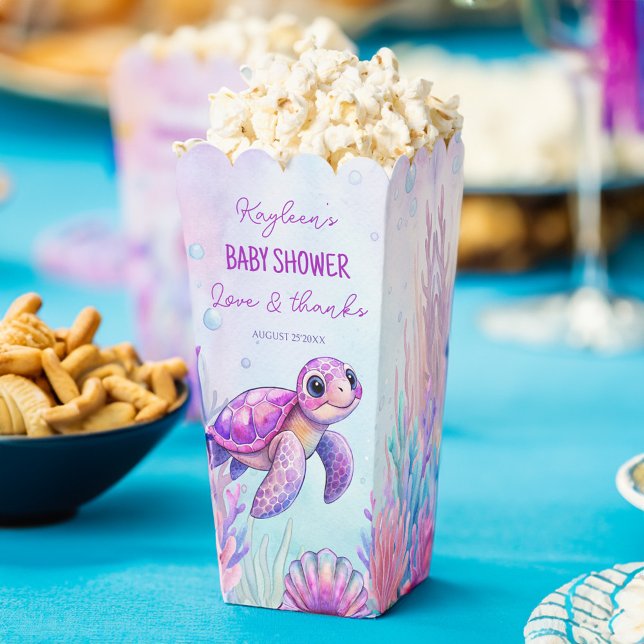 Caja Para Regalos Bajo el mar chicas de ducha de tortugas moradas (Under the sea cute pink purple turtle girls baby shower personalized popcorn favor boxes)