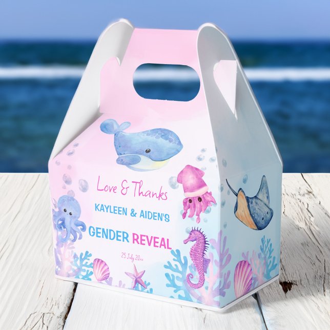 Caja Para Regalos Bajo el mar el género revela el azul rosado (Under the sea gender reveal favors pink and blue cute sea creatures personalized printed favor box)