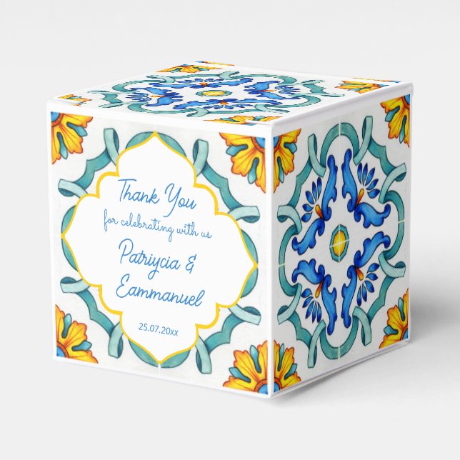 Caja Para Regalos Baldosas azul amarillo Majólica personalizado medi (Costado Anverso)