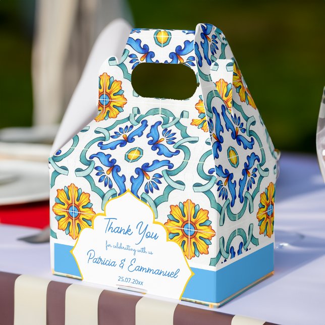 Caja Para Regalos Baldosas azul amarillo Majólica personalizado medi (Blue yellow Majolica tiles Mediterranean custom Favor Box wedding favor box)