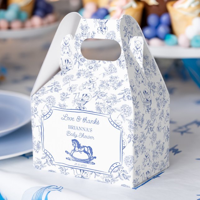 Caja Para Regalos Baldosas azules cabalgando caballo ducha bebé favo (Blue toile vintage rocking horse baby shower favors personalized favor boxes)