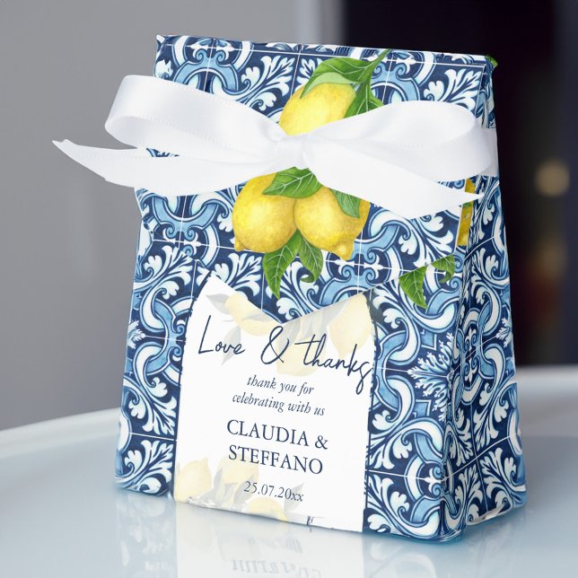 Caja Para Regalos Baldosas azules y limón Amalfi boda italiano graci (Blue tiles and lemon Amalfi Italian wedding thank Favor Box)