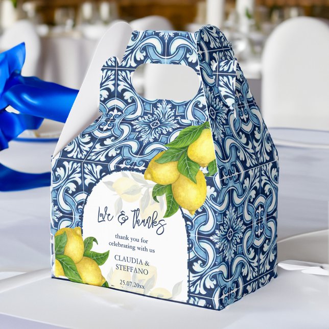 Caja Para Regalos Baldosas azules y limón Amalfi boda italiano graci (Blue tiles and lemon Amalfi Italian wedding thank Favor Box personalized wedding favor box)