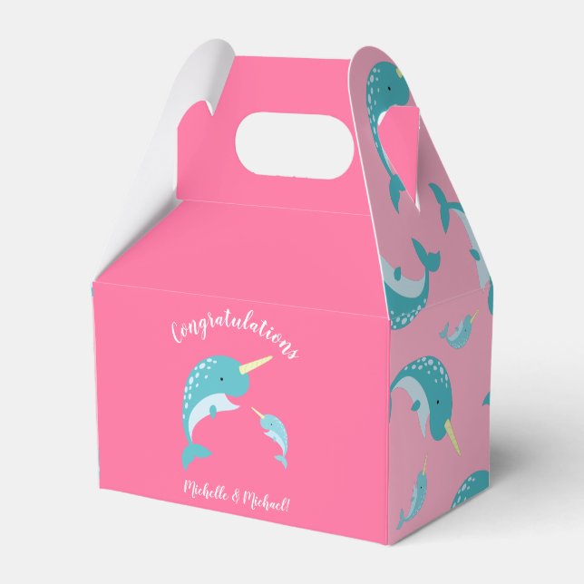 Caja Para Regalos Ballena Chica rosa de Narwhal Baby Shower (Front Side)