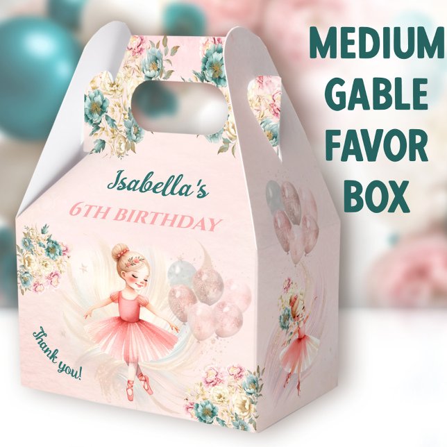 Caja Para Regalos Ballerina Blonde Chica floral rosa Medio de cumple (Ballerina Blonde Medium Gable Favor Boxes - You can choose from 3 sizes of these gable favor boxes)