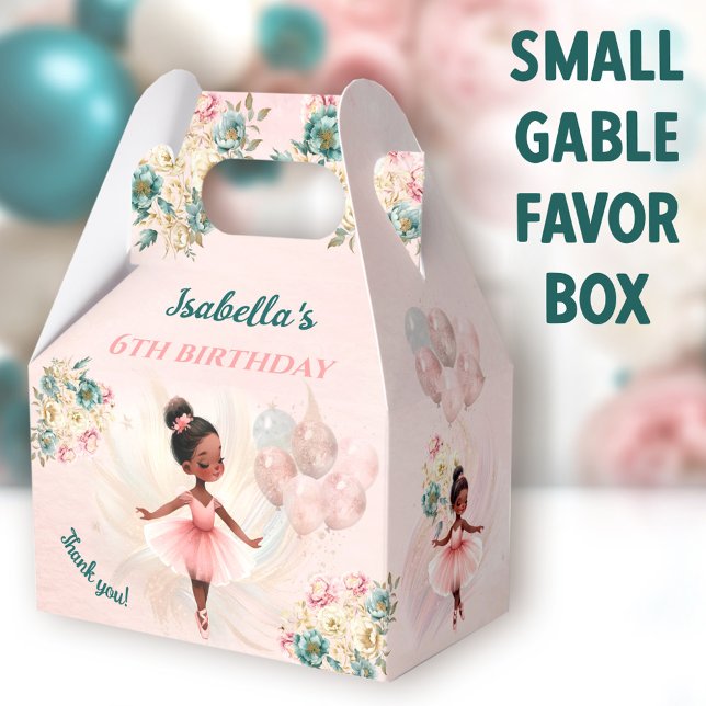 Caja Para Regalos Ballerina Cabello de piel oscura Chica Floral Rosa (Cute Dark Ballerina Small Gable Favor Boxes - You can choose from 3 sizes of these gable favor boxes)
