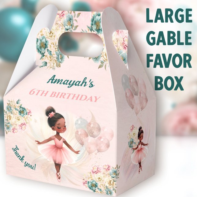 Caja Para Regalos Ballerina Piel Oscura Chica Rosa Cumpleaños Grande (Cute Dark Ballerina Large Gable Favor Boxes - You can choose from 3 sizes of these gable favor boxes)