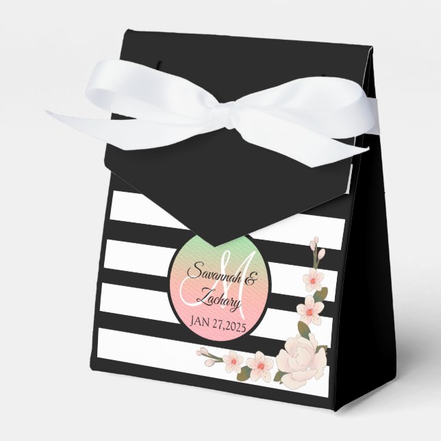 Caja Para Regalos Bandas blancas negras Monogramo Floral (Front Side)