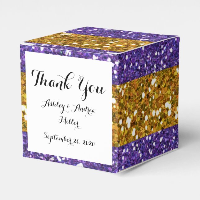 Caja Para Regalos Bandas Purpurinas doradas y púrpura impresas (Costado Anverso)