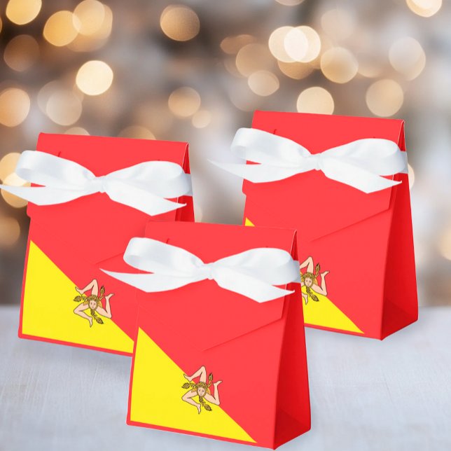 Caja Para Regalos Bandera de Sicilia Partido y Eventos Sicilianos Ca (Flag of Sicily Tent Favor Boxes with Custom Wording and White Satin Bow)