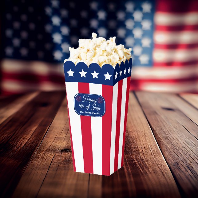 Caja Para Regalos Bandera Patriótica de EEUU Feliz 4 de julio, nombr (Patriotic US Flag "Happy 4th of July" Family Name Popcorn Favor Boxes )