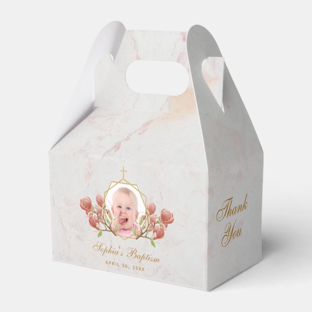 Caja Para Regalos Baptismo chica Foto Mármol Pink Magnolia Floral (Front Side)